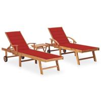 Ligbedden 2 st met tafel en kussens massief teakhout - thumbnail