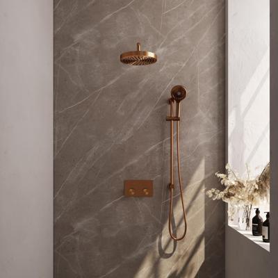 Brauer Stripe thermostatische inbouw regendouche met drukknoppen SET 35 met 25 cm douchekop en gebogen muurarm en 3-standen handdouche en doucheslang en geintegreerde glijstang koper geborsteld PVD