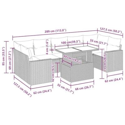 8-delige Loungeset met kussens poly rattan acacia grijs