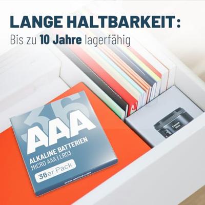 ABSINA 36 x AAA-batterijen, grootverpakking, 1,5 V alkaline, duurzame micro LR03-batterijen, AAA voor afstandsbediening, speelgoed, wekker enz., AAA-batterij