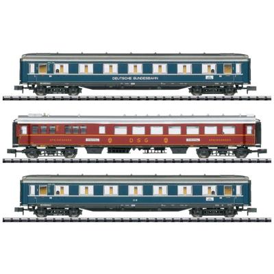 MiniTrix 18259 N set van 3 personenrijtuigen F-Zug F41 Senator van de DB 1e klas A4üe, ABü-38, restauratierijtuig WR4ü MiniTrix 18259 N set van 3 personenrijtuigen F-Zug F41 Senator van de DB 1e klas A4üe, ABü-38, restauratierijtuig WR4ü