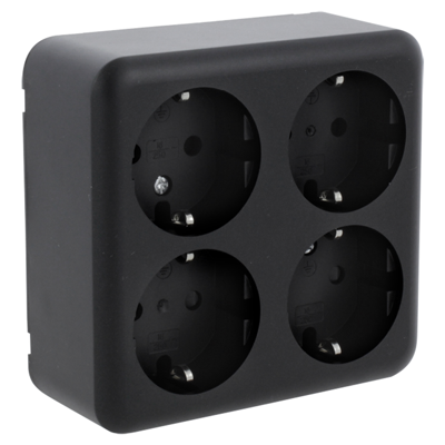 Q-LINK - Wandcontactdoos - Opbouw - 4-voudig Stopcontact - Randaarde - Kinderbeveiliging - Mat Zwart