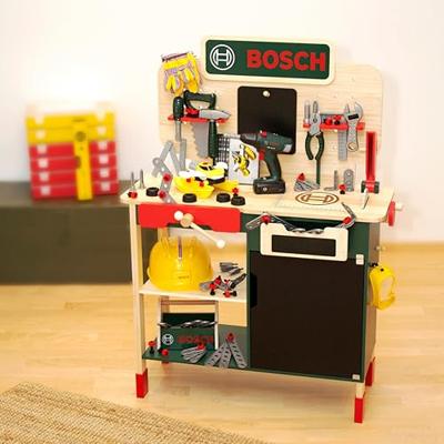 Theo Klein 8734 Bosch houten werkbank I robuuste kinderwerkbank, in hoogte verstelbaar I elektr. Accuschroevendraaier, gereedschap met licht en geluid I