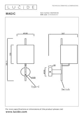 Lucide MAGIC - Wandlamp - 1xE27 - Met USB oplaadpunt - Zwart