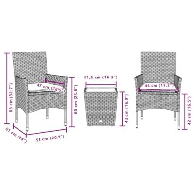 3-delige Bistroset met kussens poly rattan en glas zwart