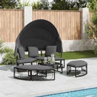 Loungebed met luifel en kussens poly rattan zwart - thumbnail