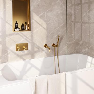 Brauer Stripe thermostatische inbouw badkraan met drukknoppen SET 03 met uitloop en staaf handdouche en doucheslang en wandaansluitbocht goud geborsteld PVD