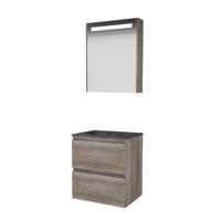 Basic-Line Premium 46 Badkamermeubelset - 60 x 46 cm - Greeploos - 2 Lades - Hardstenen Wastafel - Zonder Kraangat - Spiegelkast met LED Verlichting - Scotch Oak - thumbnail