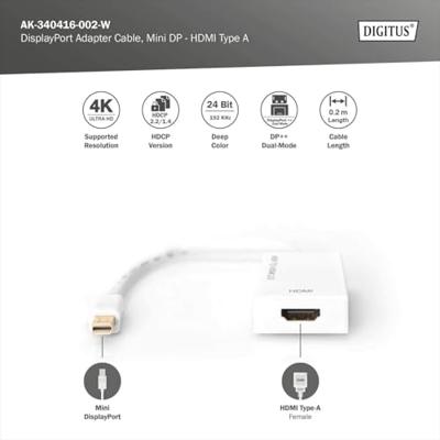 Digitus AK-340416-002-W Mini-displayport / HDMI Adapter [1x Mini-DisplayPort stekker - 1x HDMI-bus] Wit 4K UHD, Afgeschermd (dubbel) 20.00 cm