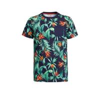 WE Fashion T-shirt met bladprint donkerblauw/groen/oranje - thumbnail