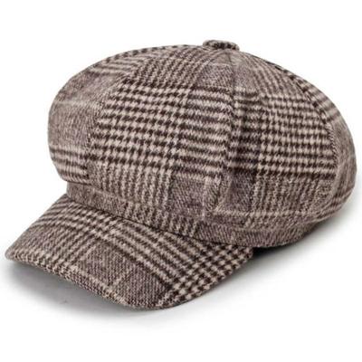 Herfst en winter retro stijl wollen geruite baret achthoekige GLB hoed grootte: 58cm (koffie)