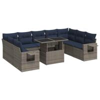 10-delige Loungeset met kussens poly rattan acacia grijs - thumbnail