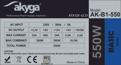 Akyga AK-B1-550 power supply unit 550 W 20+4 pin ATX ATX Grijs
