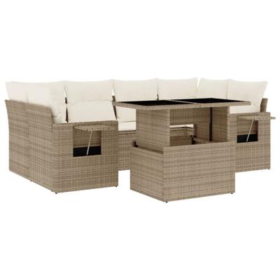 7-delige Loungeset met kussens poly rattan beige