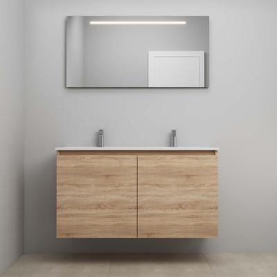 On-Line Badkamermeubelset - 120 cm - Voorgemonteerd - Greeploos 2 Deuren - Porseleinen Wastafel - 2 Kraangaten - Spiegel met LED-Verlichting - Eiken