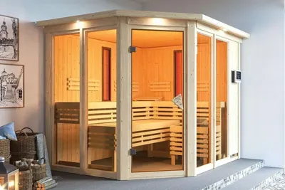 Karibu | Ava Sauna met Dakkraag | Kachel 9 kW Externe Bediening Karibu | Ava Sauna met Dakkraag | Kachel 9 kW Externe Bediening
