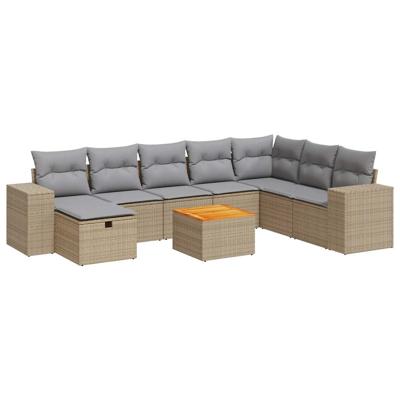 9-delige Loungeset met kussens poly rattan gemengd beige