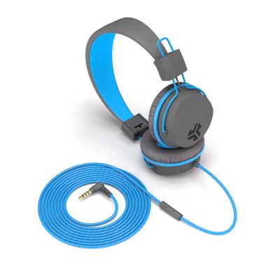 JLab Kids hoofdtelefoon, JBuddies hoofdtelefoon voor kinderen, over oor, bedraad en kindveilig met volumebegrenzer, ruisisolatie en microfoon - Grijs/Blauw