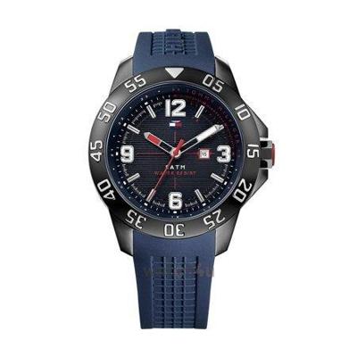 Tommy Hilfiger Herenhorlogemet blauwe rubberen band en zwarte wijzerplaat 1790984