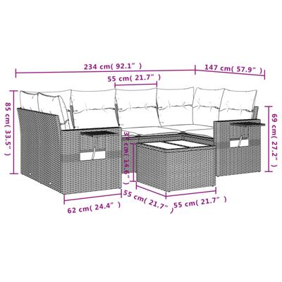 7-delige Loungeset met kussens poly rattan zwart