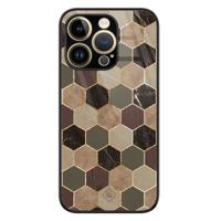 iPhone 14 Pro glazen hardcase - Kubus bruin groen - thumbnail