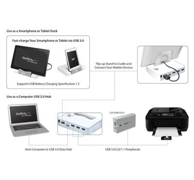 StarTech.com 3-poorts USB 3.0 hub voor laptops en Windows-gebaseerde tablets met snellaadpoort en apparaatstandaard, wit