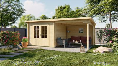 Tuindeco Chappo Blokhut 300x300 cm + overkapping 298 cm 28 mm vuren blank- Lessenaarsdak- Onbehandeld vurenhout- Tuindeco