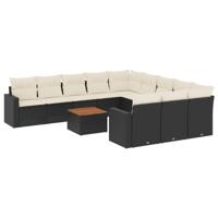 12-delige Loungeset met kussens poly rattan zwart - thumbnail