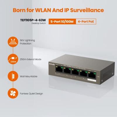 Tenda TEF1105P-4-63W 5-poorts snel ethernet PoE switch 10/100 Mbit/s desktopswitch met 4-poorts PoE, 63 watt, extra 1x uplink, full duplex, metalen behuizing, 250 meter, plug & play