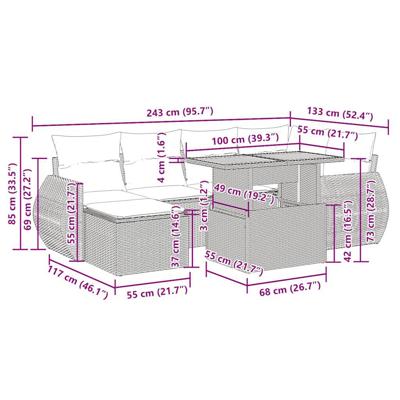 7-delige Loungeset met kussens poly rattan beige