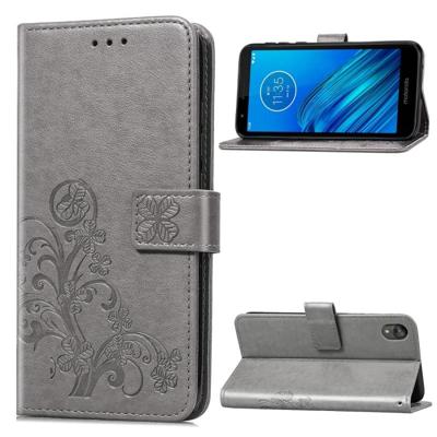 Voor moto E6 vier-blad clasp reliëf gesp mobiele telefoon bescherming lederen draagtas met Lanyard & Card slot & portemonnee & beugel functie (grijs)