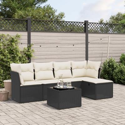 6-delige Loungeset met kussens poly rattan zwart