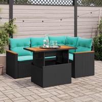 5-delige Loungeset met kussens poly rattan zwart - thumbnail