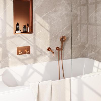 BRAUER Copper Carving thermostatische inbouw badkraan met drukknoppen SET 04 met uitloop en 3-standen handdouche en doucheslang en wandaansluitbocht koper geborsteld PVD