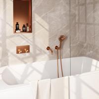 BRAUER Copper Carving thermostatische inbouw badkraan met drukknoppen SET 04 met uitloop en 3-standen handdouche en doucheslang en wandaansluitbocht koper geborsteld PVD - thumbnail