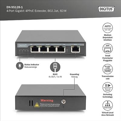 Digitus DN-95128-1 PoE-extender 1 GBit/s IEEE 802.3af (12.95 W), IEEE 802.3at (25.5 W), IEEE 802.3bt, IEEE 802.3af (15.4 W), IEEE 802.3at (30 W) Digitus DN-95128-1 PoE-extender 1 GBit/s IEEE 802.3af (12.95 W), IEEE 802.3at (25.5 W), IEEE 802.3bt, IEEE 802.3af (15.4 W), IEEE 802.3at (30 W)