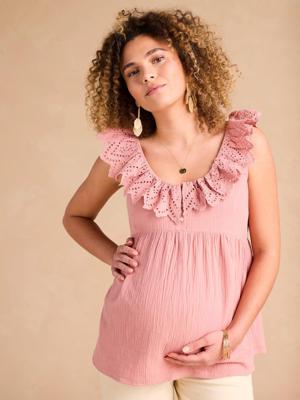 Zwangerschapsblouse ENVIE DE FRAISE van katoenen gaas met een kraag met Engels borduurwerk terracotta Zwangerschapsblouse ENVIE DE FRAISE van katoenen gaas met een kraag met Engels borduurwerk terracotta