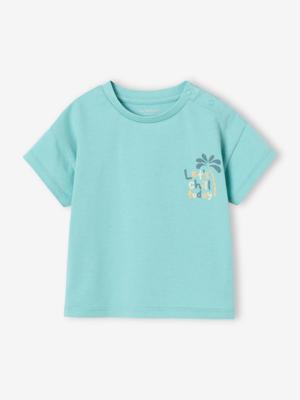 T-shirt met groot motief op de rug, babyknopen op de schouder turquoiseblauw