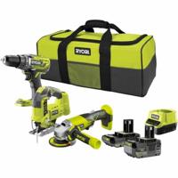 RYOBI 3 gereedschappen: 1 borstelloze boorschroevendraaier + 1 slijpmachine van 115 mm + 1 decoupeerzaag + 2 batterijen 4 Ah en 2 Ah + 1 oplader en 1 tas - thumbnail