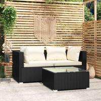 3-delige Loungeset met kussens poly rattan zwart - thumbnail