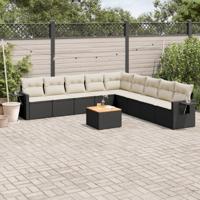 10-delige Loungeset met kussens poly rattan zwart - thumbnail
