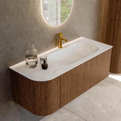Mondiaz KURVE-DLUX 115 cm Onderkast Greeploos 1 Lade Met Deuren Walnut, Wastafel Solid Surface Rechts Opalo 1 Kraangat Zonder Spiegel (KRVBGS115L1L1D1KR-Wal/Opa)