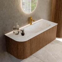 Mondiaz KURVE-DLUX 115 cm Onderkast Greeploos 1 Lade Met Deuren Walnut, Wastafel Solid Surface Rechts Opalo 1 Kraangat Zonder Spiegel (KRVBGS115L1L1D1KR-Wal/Opa) - thumbnail
