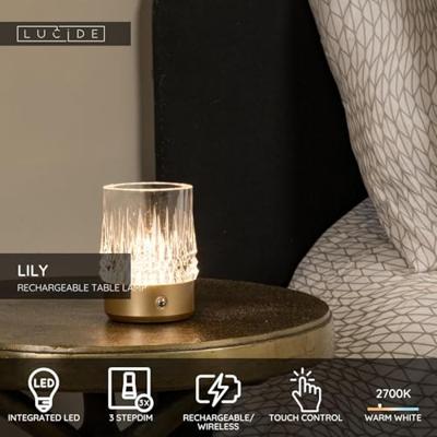 Lucide LILY - Oplaadbare Tafellamp - Accu/Batterij - Ø 8 cm - LED 3 StepDim - 1x3W 2700K/3000K - Mat Goud / Messing - Set van 3 Lucide LILY - Oplaadbare Tafellamp - Accu/Batterij - Ø 8 cm - LED 3 StepDim - 1x3W 2700K/3000K - Mat Goud / Messing - Set van 3