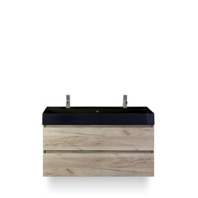 Maxx XL Badmeubelset 120 cm - Craft Oak - Wastafel Kube Enkel Zwart 2 kraangaten