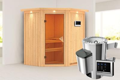 Karibu | Tonja Sauna | Bronzeglas Deur | Biokachel 3,6 kW Externe Bediening