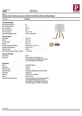 Paulmann Neordic Berit 79646 Tafellamp LED E27 20 W Wit, Hout Paulmann Neordic Berit 79646 Tafellamp LED E27 20 W Wit, Hout