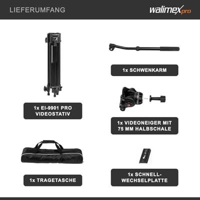 walimex pro EI-9901 Pro videostatief met opbergtas en snelwisselplaat, 134 cm