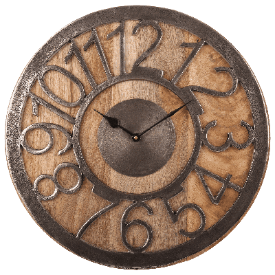 Wandklok Yves rond groot ruw nickel + hout