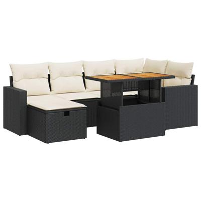 7-delige Loungeset met kussens poly rattan zwart